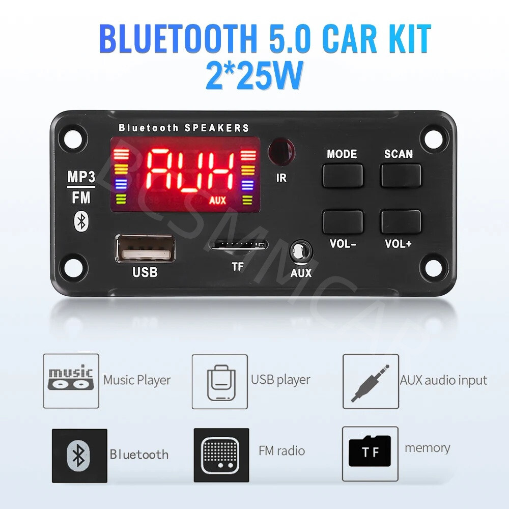 2x25W Amplifier Bluetooth 5.0 MP3 Player Decoder Board 12V Car FM Speaker Module