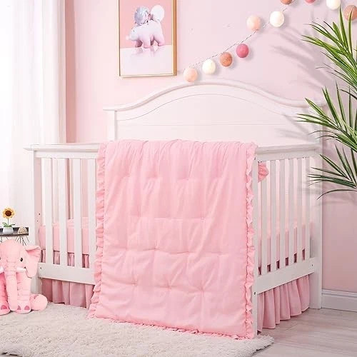 3 Pieces Crib Bedding Set for Girls- Solid Ruffle Quilted Includes Pink