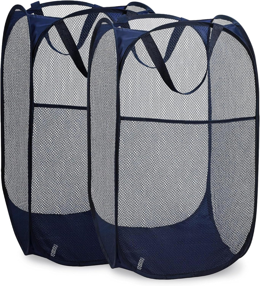 2 Pack Pop Up Laundry Hamper – Foldable Mesh Basket with Pocket, Blue, Portable