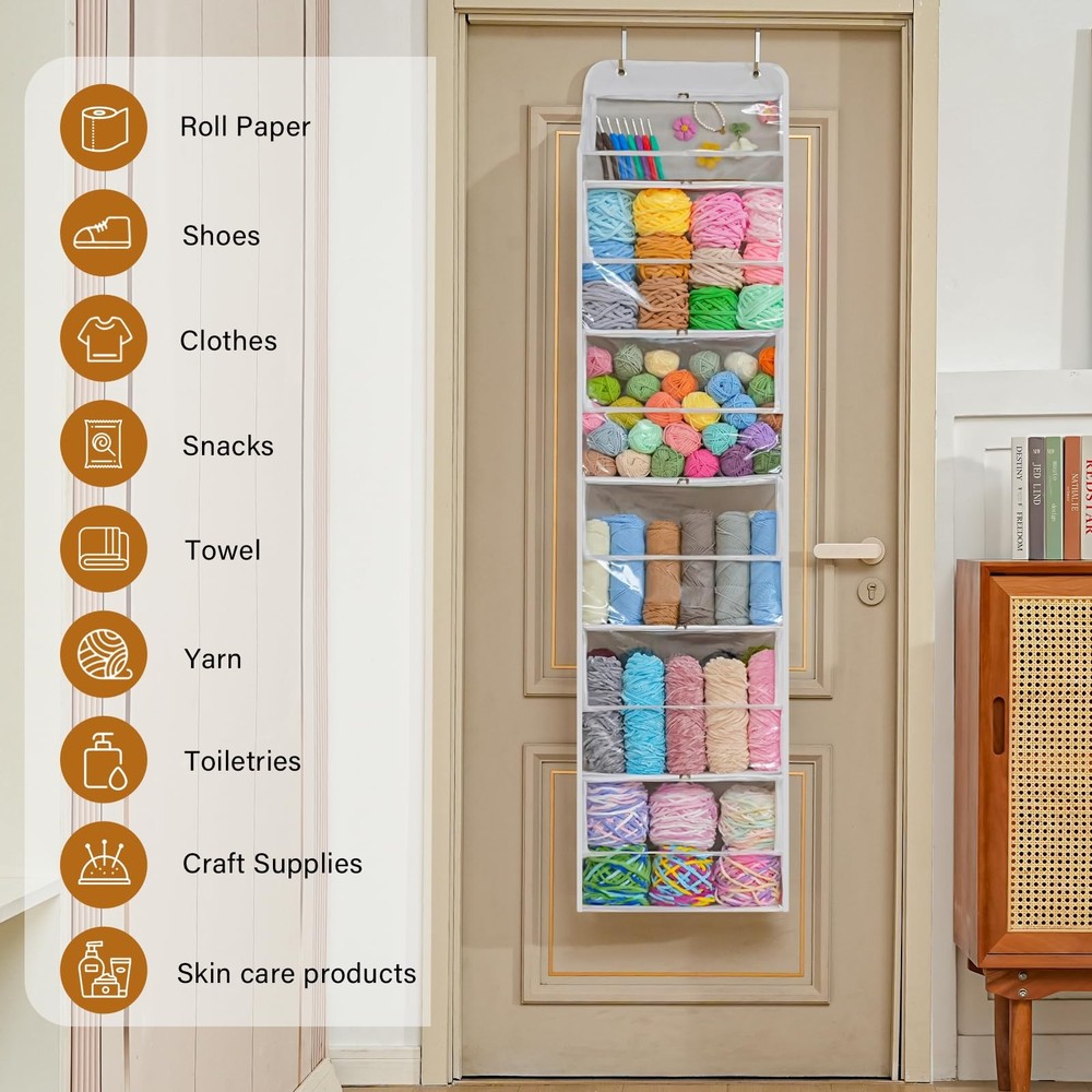Hanging Yarn Storage Organizer with 6 Zippered Closure Clear White