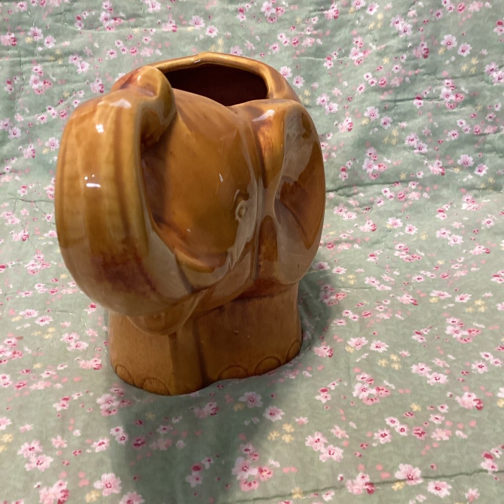 Elephant Planter Trunk Up for Good Luck Ceramic Glazed Figurine