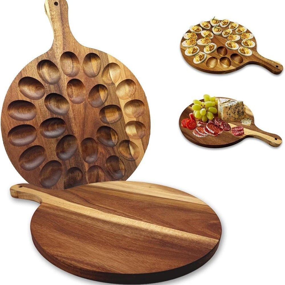 Egg Platter Storage Tray Round Wooden Plate with Handle 24 Deviled Egg Holder