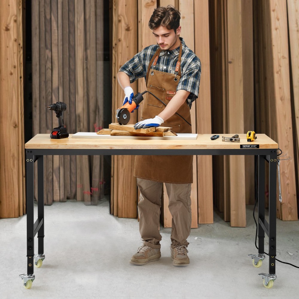 VEVOR 60"Workbench on Wheels Adjustable Height Table with Power Outlet &Pegboard