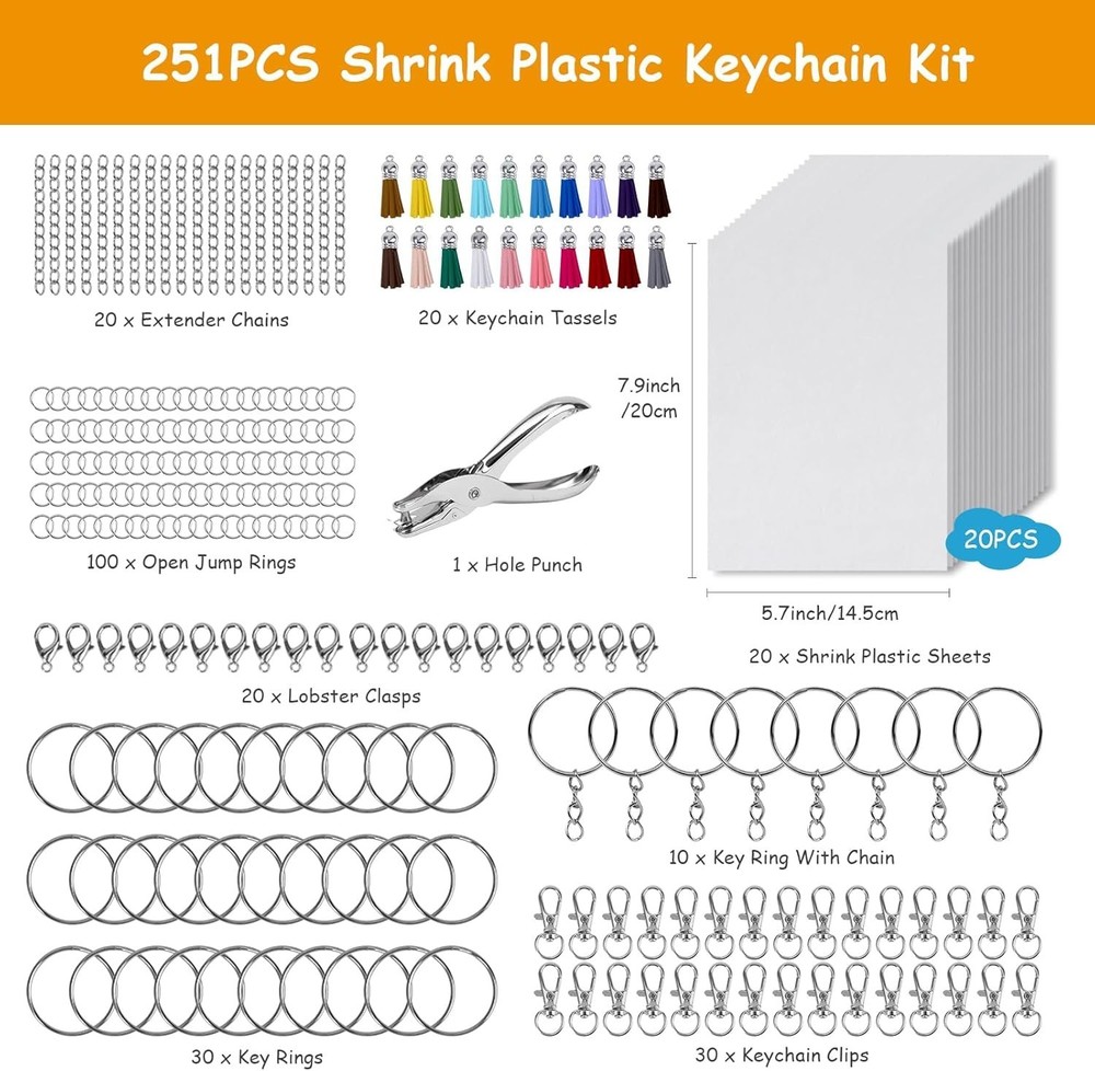 Csyidio 251pcs Shrink Dink Keychain Kit Includes 20 Shrink Sheets Hole Punch etc