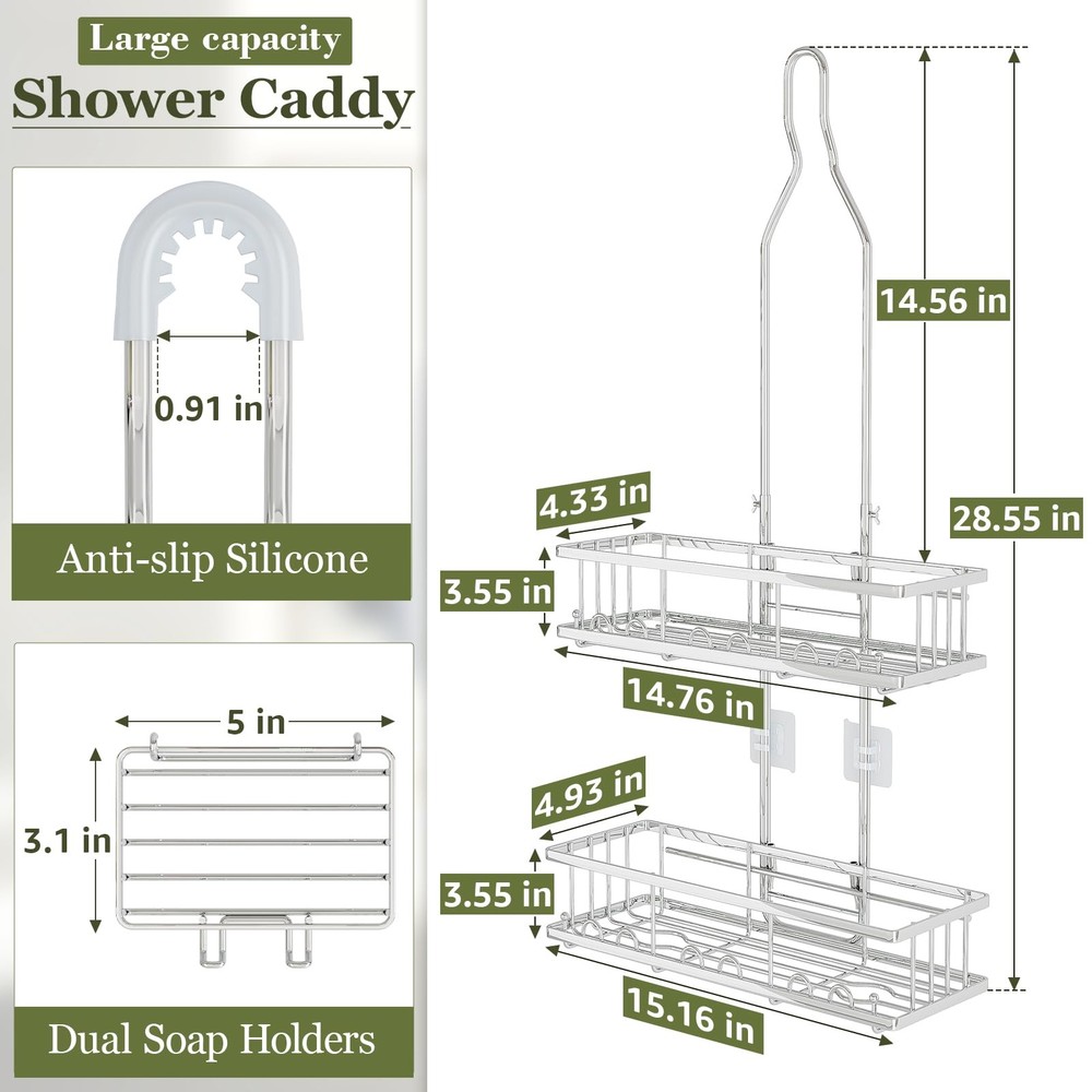 Skyapex Adjustable Rustproof Shower Caddy - Hooks, 2 Soap Holders, Silver