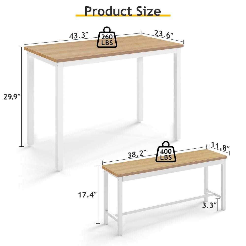 43" Dining Table Benches Set for 4, Modern Space Saving Kitchen Table Chairs ...