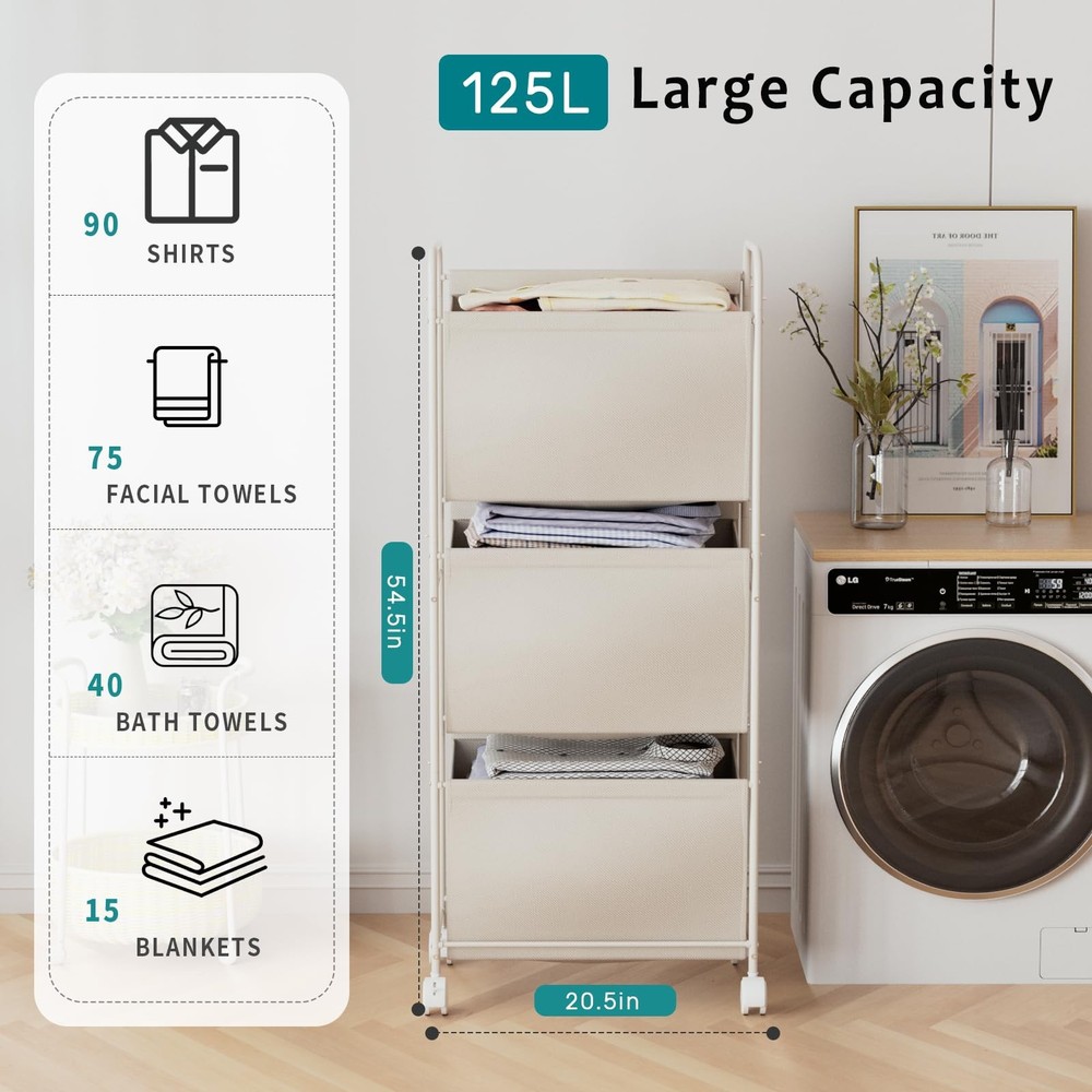 125L Vertical Laundry Hamper with Wheels, 3 Section Large Rolling Laundry Sor...