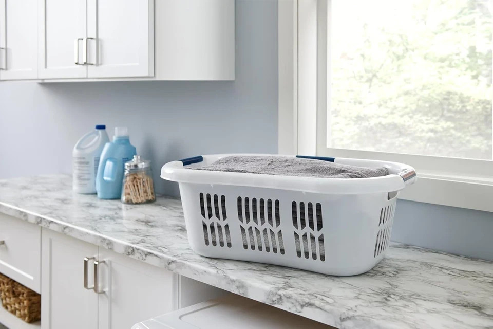 Rubbermaid Large Hip-Hugger Laundry Basket/Hamper, 1.5-Bushel, White, Stackable