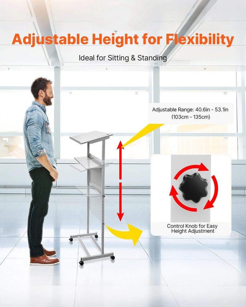 Height Adjustable Portable Lectern with Wheels & Storage for Classroom & Events