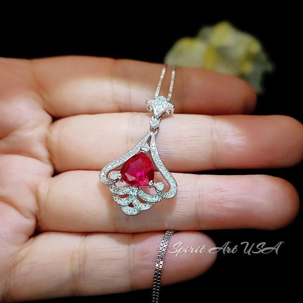 Mandolin flower Red Ruby Necklace - 1.2 ct Trillion Cut Red Ruby Pendant -