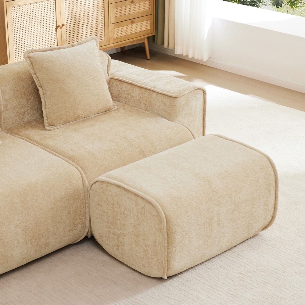 Modular 4-Seat Sofa w/ Throw Pillows, Velvet Fabric, Light Camel