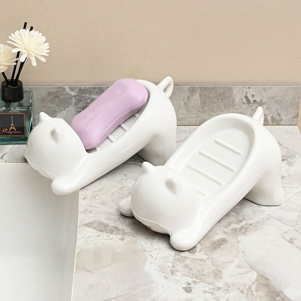 Cat Shaped Soap Dish With Drainage Holes White Plastic Bathroom Organizer