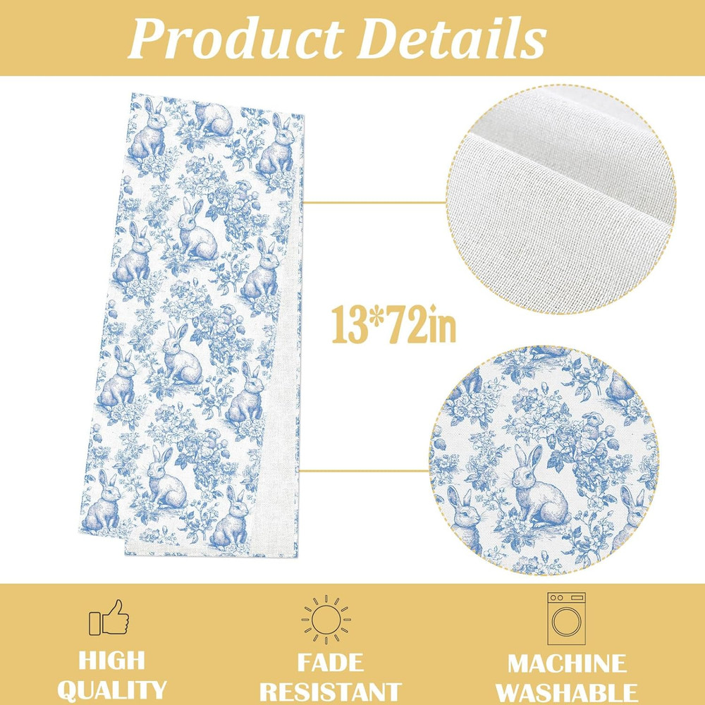 Chinoiserie Easter Table Runner Blue White Bunny Toile 13X72 Table Decor