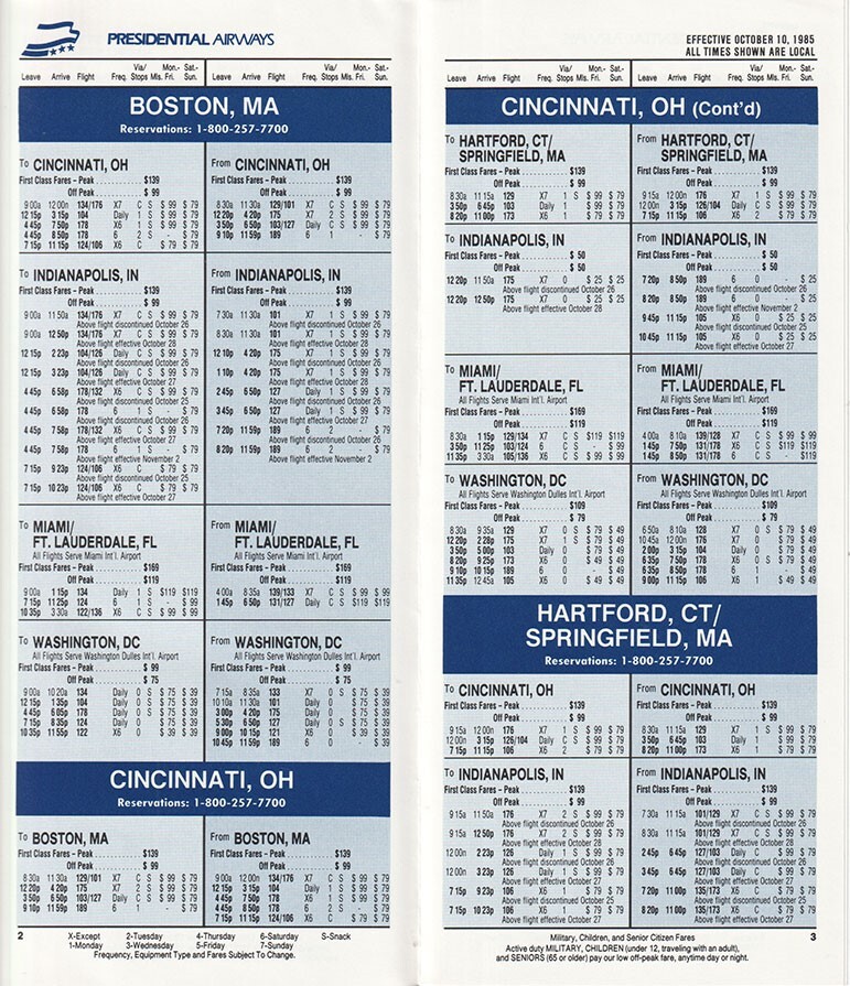Presidential Airways timetable 1985/OCT