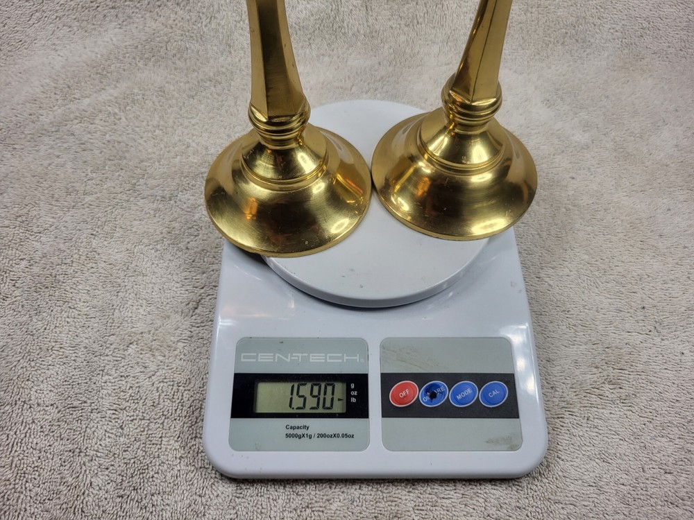 Vintage Solid Brass Hexagon Stem 7/8" Tapered Candlestick Holder Pair