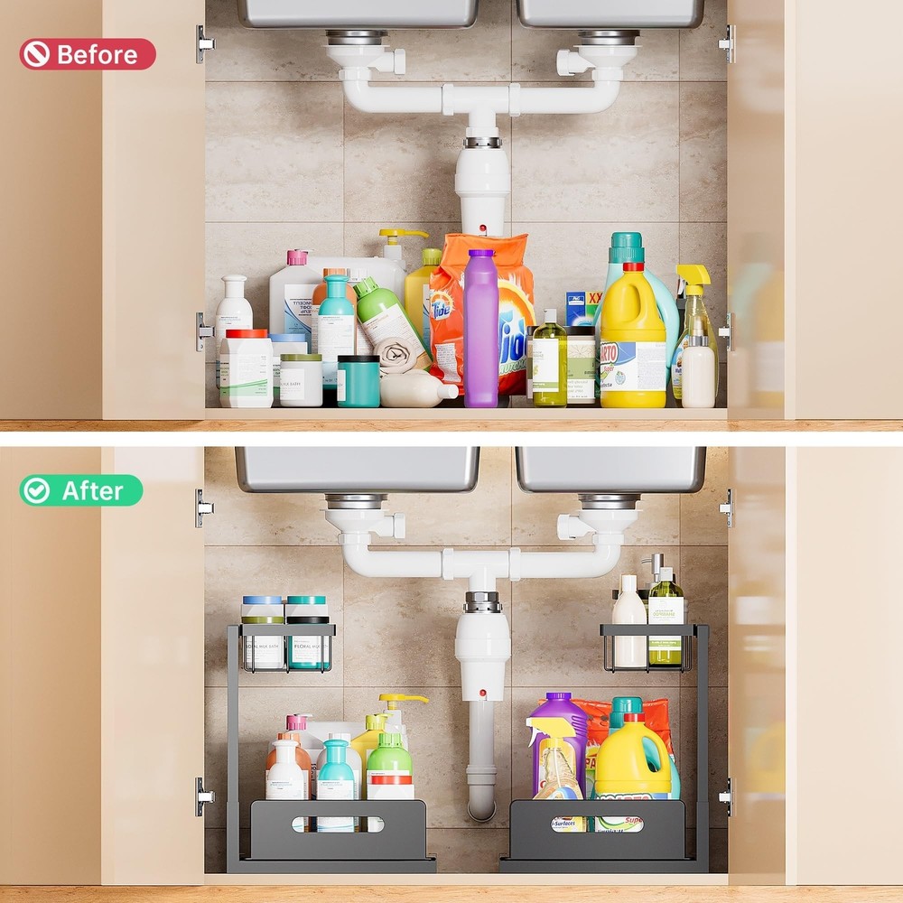 VUSIGN Under Kitchen Sink Organizer 2 Tier, Pull Out Under Sink Organizers an...