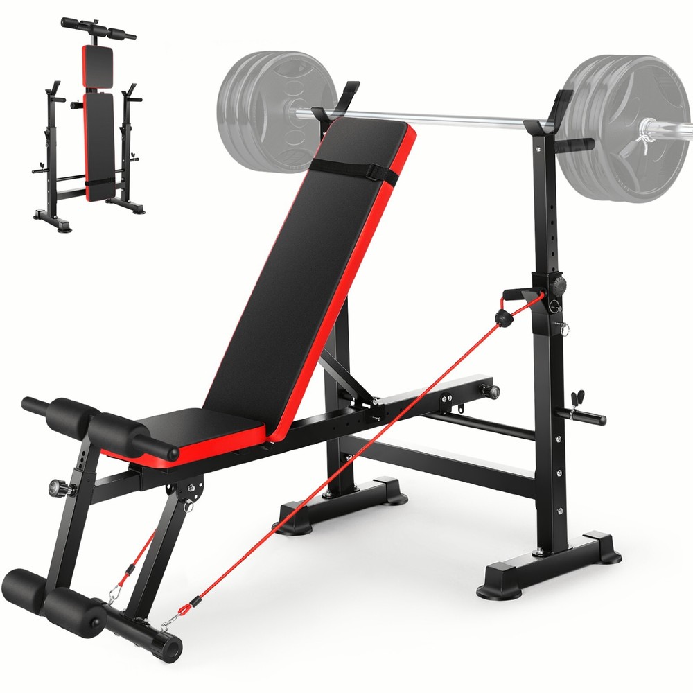 Adjustable Weight Bench Set with Squat Barbell Rack and Removable Foot Bracket