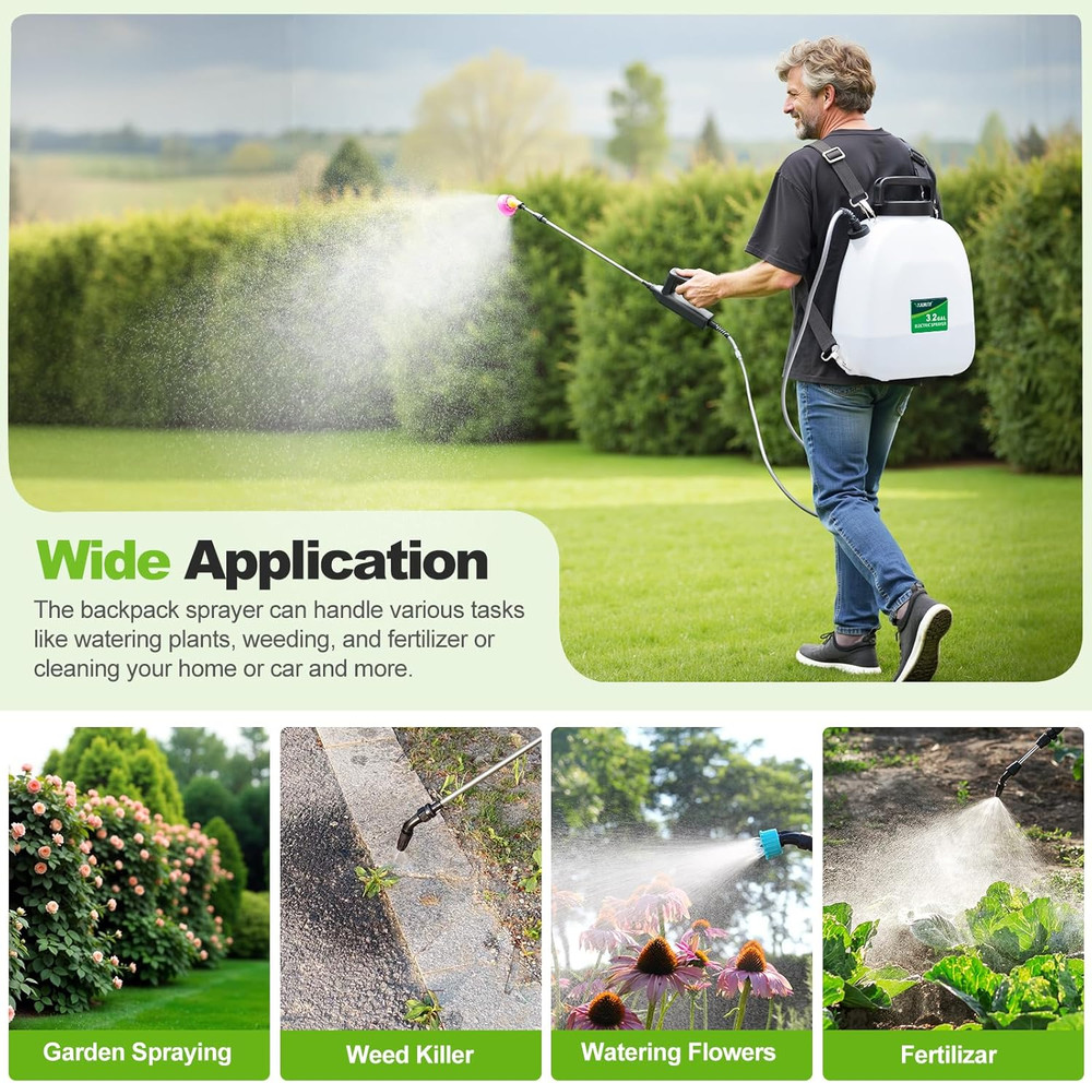 Battery Powered Sprayer 3.2 Gallon, Backpack Sprayer with 3 Adjustable Forces, B