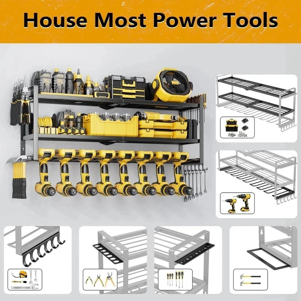 Power Tool Organizer - 3 Layer 8 Drill Holder Wall Mount, Storage Rack for Garag