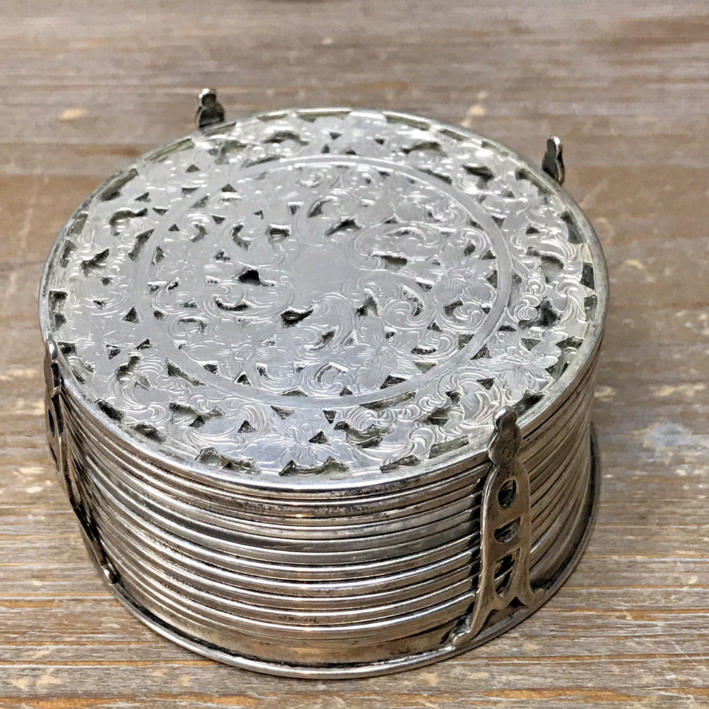 Complete Set, 12 Webster Sterling silver on Glass 3" Coasters with Holder