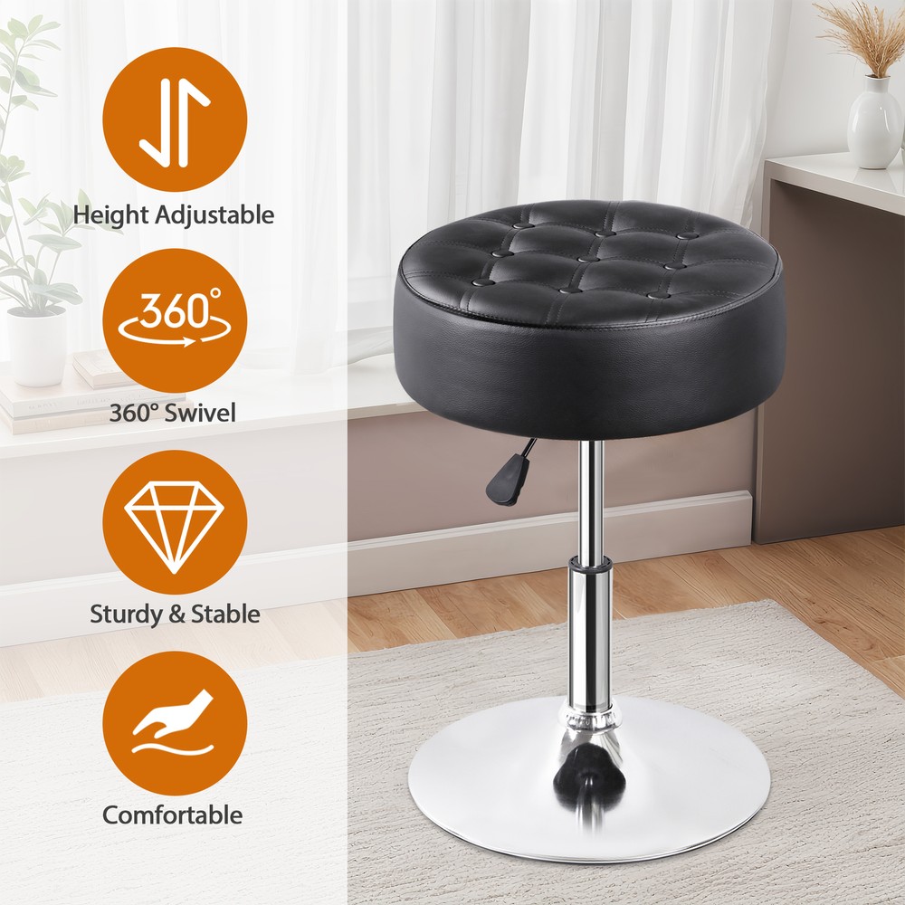 2PCS Adjustable Vanity Stool PU Leather Ottoman Stool for Bedroom w/Base Black