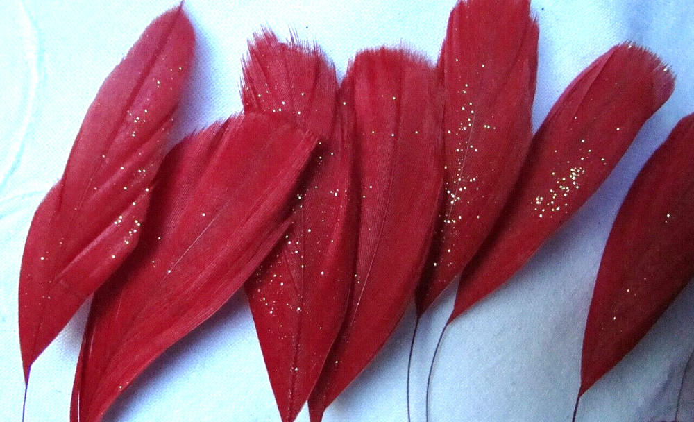 Red Star Dust Stripped Coque Feathers  15 Pc Sparkle Glitter Glitz Hat