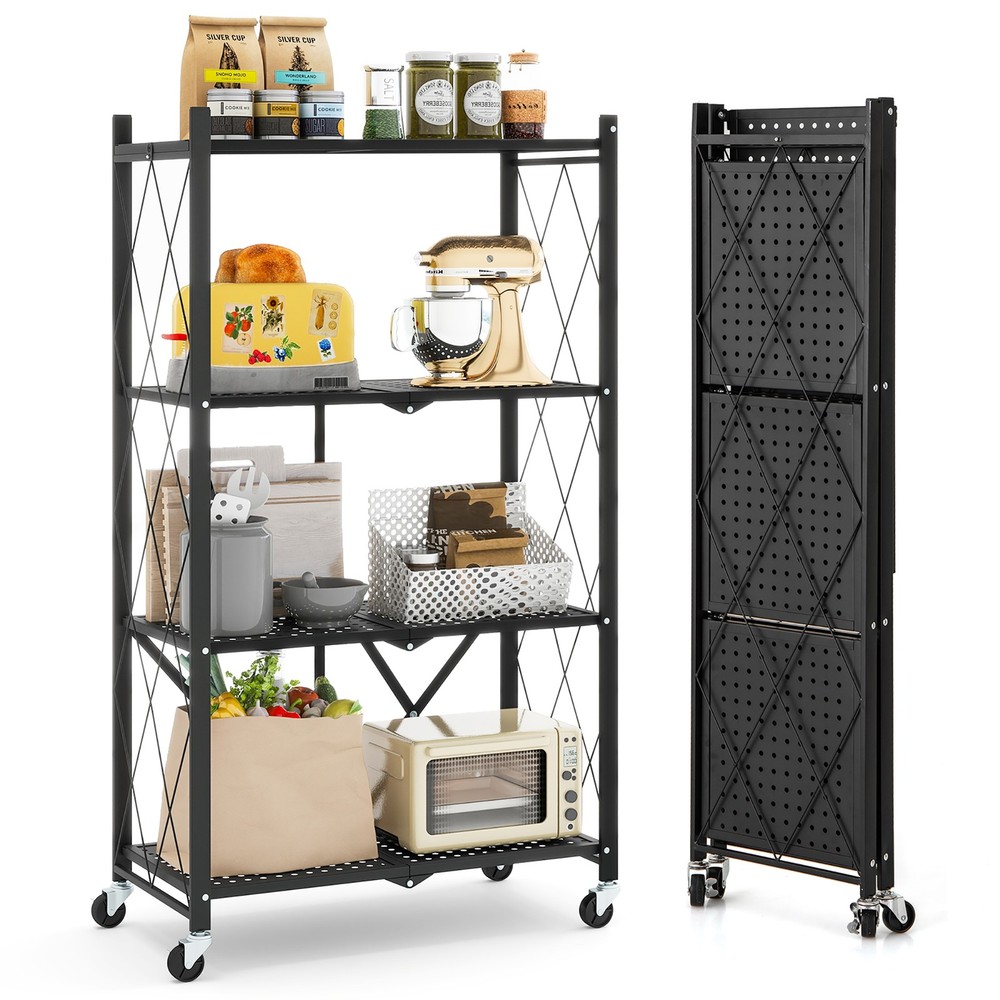 4-tier Foldable Storage Shelving Unit w/4 Universal Wheels for Kitchen Study