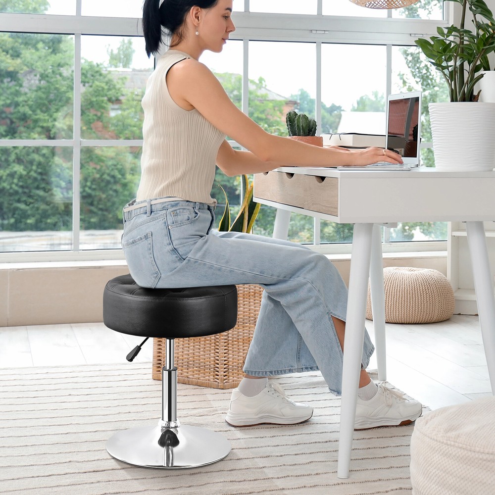 2PCS Adjustable Vanity Stool PU Leather Ottoman Stool for Bedroom w/Base Black