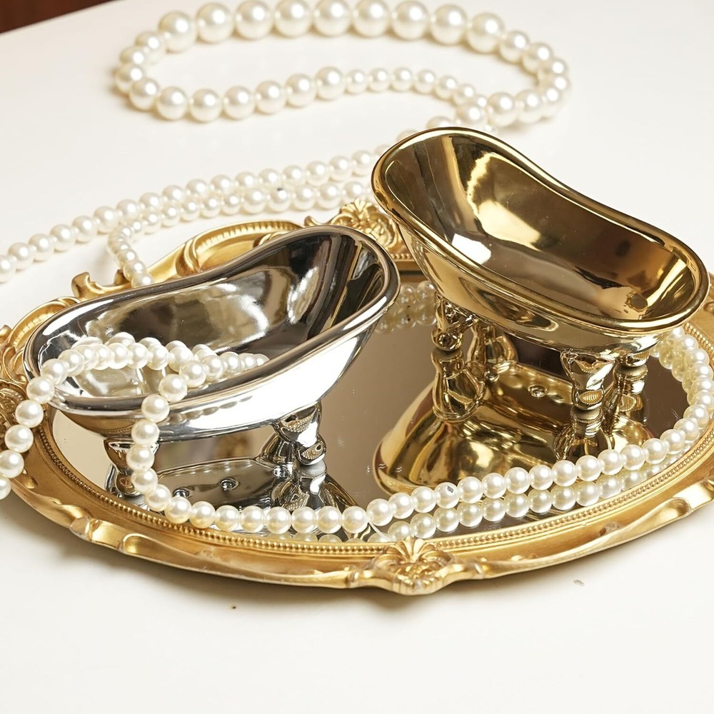 5.6" Ceramic Mini Bathtub Soap Dish Decortative Clawfoot Bathroom Golden