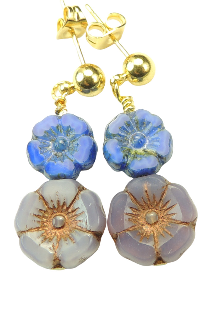 Blue & Lilac Double Czech  Flowers Dangle Drop Earrings Handmade  Statement