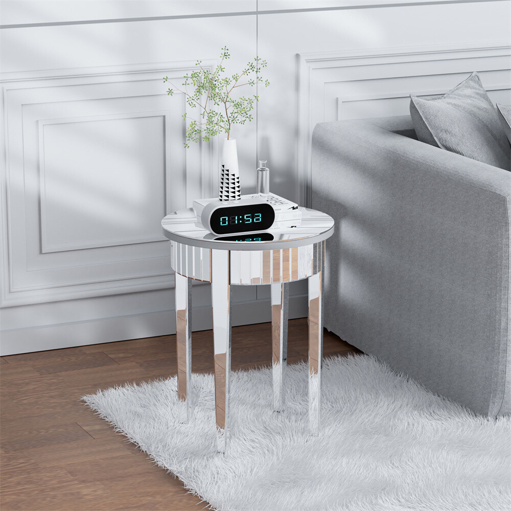 Modern Round Silver Mirrored Side Table Bedside Accent Table Silver-plated Glass