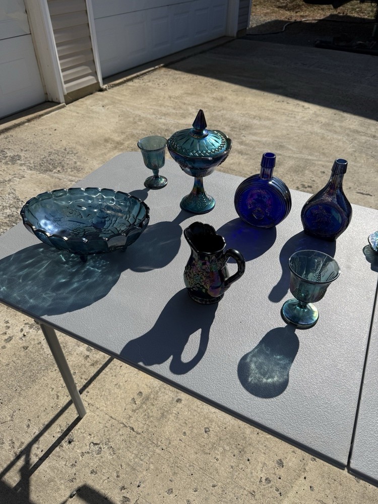 Blue Glass Fruit Bowl, Goblet, Pitcher, Decorative Bottle & Covered Dish