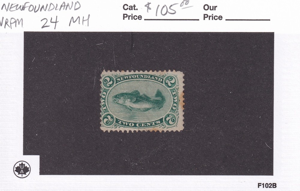MATT'S STAMPS SCOTT NEWFOUNDLAND #24, 2-CENT CODFISH 1865-1894 ISSUE, MH CV$110