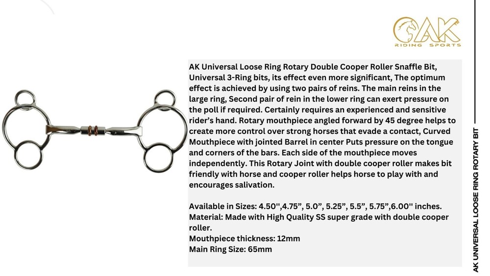 AK Universal Loose Ring Rotary Double Cooper Roller Snaffle Horse Riding Bits
