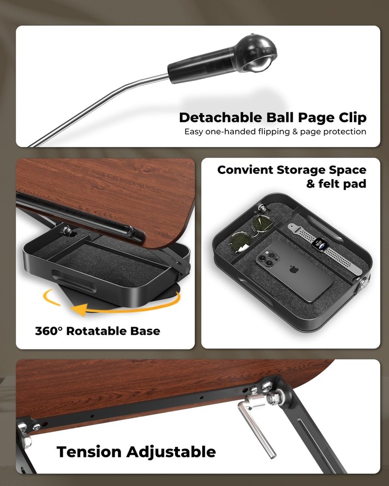 Adjustable Book Stand for Reading with Storage – 360° Rotating Base Height Ad...