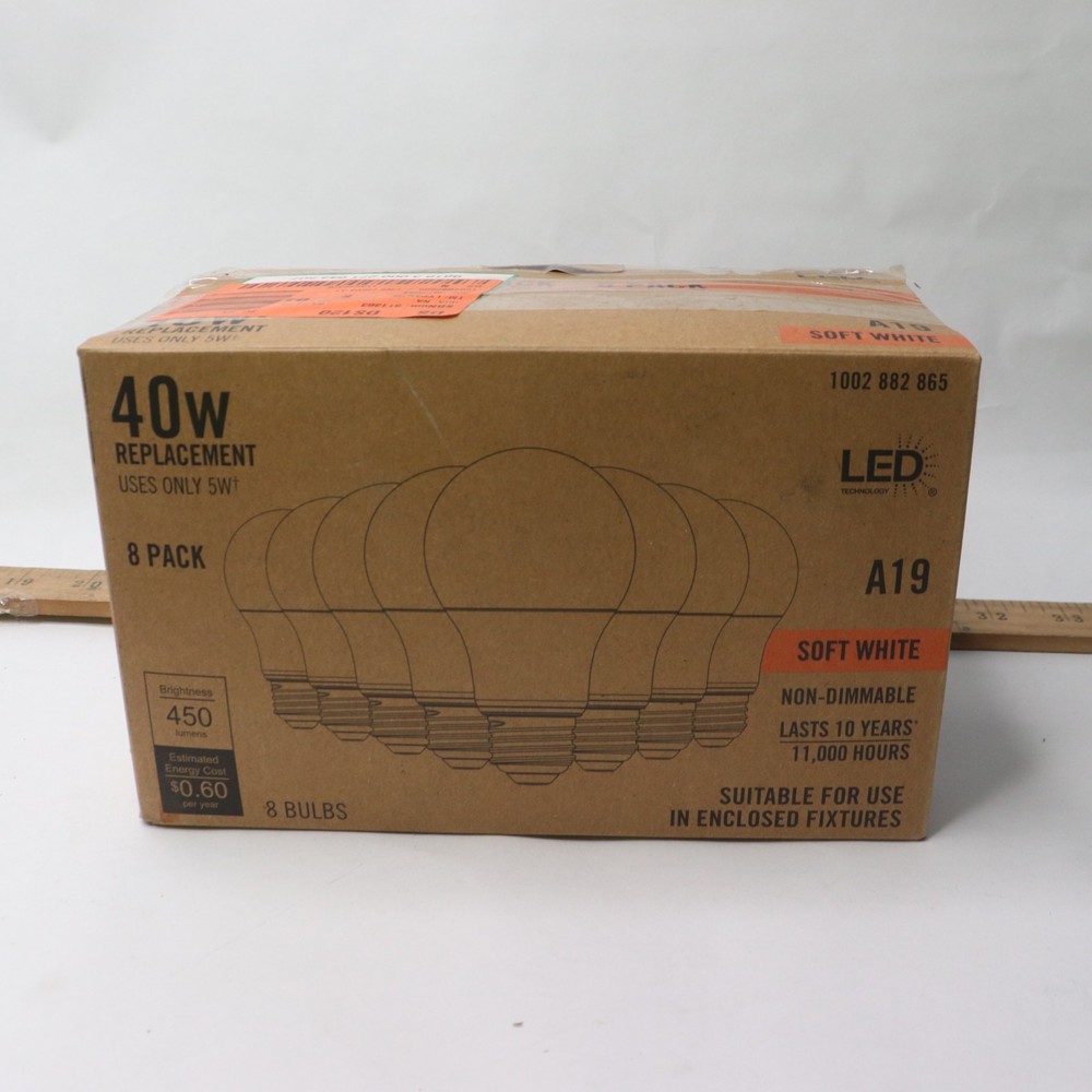 (8-Pk) Non-Dimmable LED Light Bulb Soft White A19 40W Eqv 1002882865