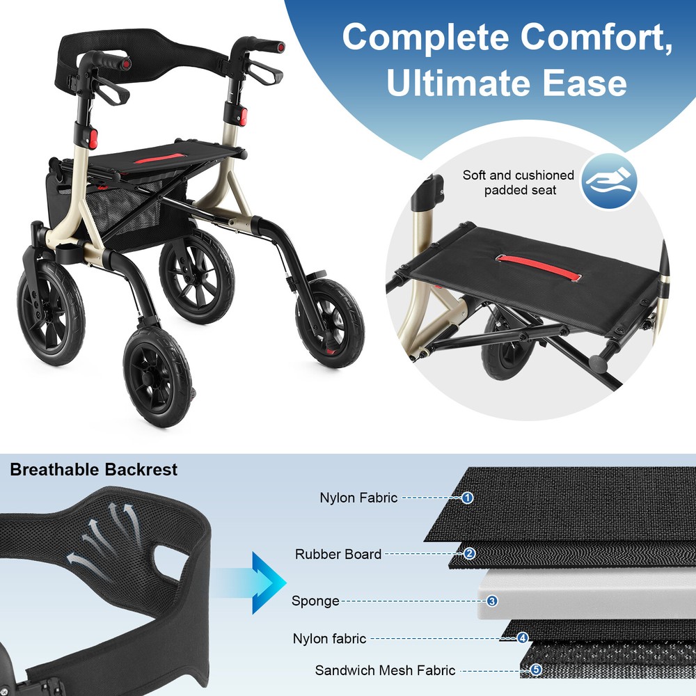 Rollator Walker Seniors 12''x10''rubber wheels Adjustable Height Foldable Seat