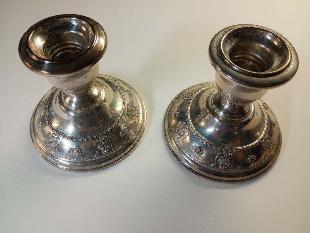 (TWO) Antique Rose Point by Wallace Sterling Silver Candlestick