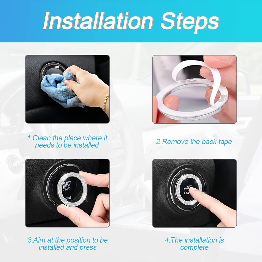 Car Bling Crystal Rhinestone Engine Start Ring Decals, 2 Pack Push Start Button
