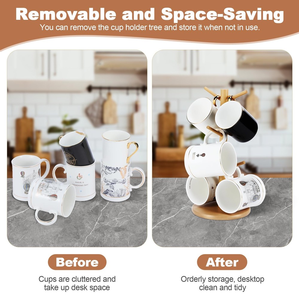 Bamboo Mug Holder, 6 Hooks Coffee Mug Holders Tree, Decorative Mug Racks for Cou