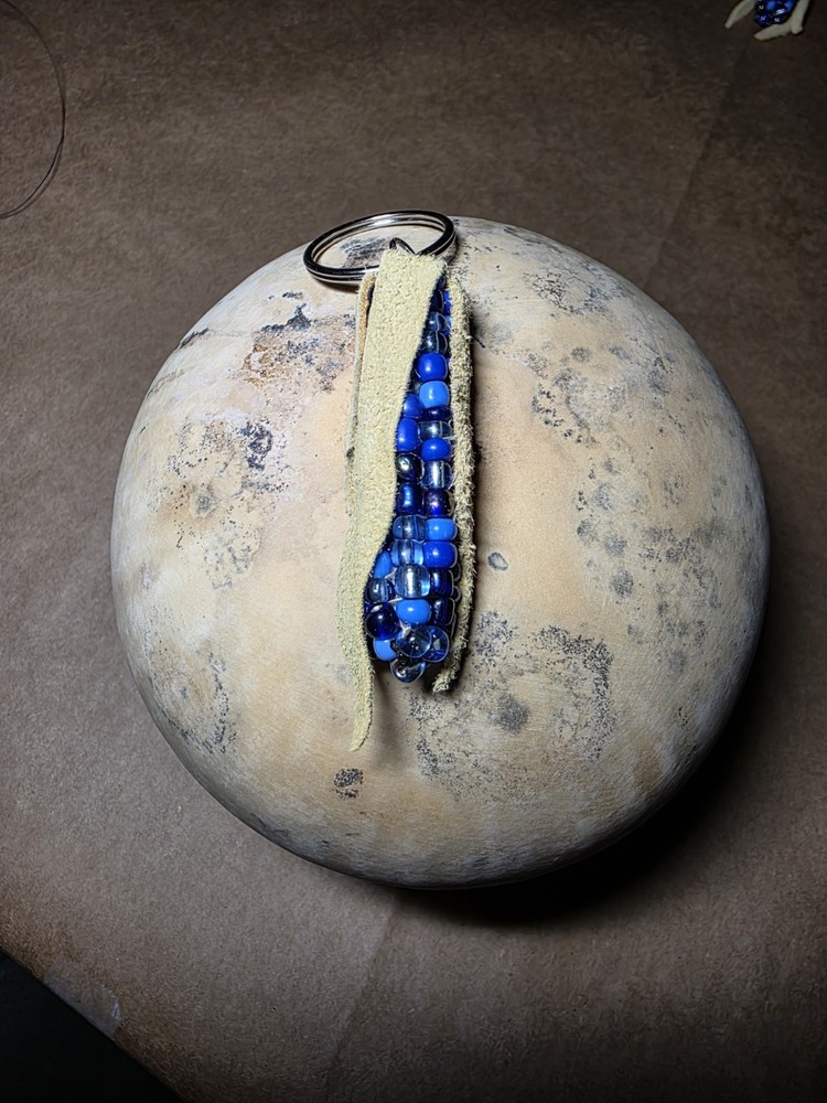 Handmade Blue Corn Beaded Keychain 2in (light tan husk)