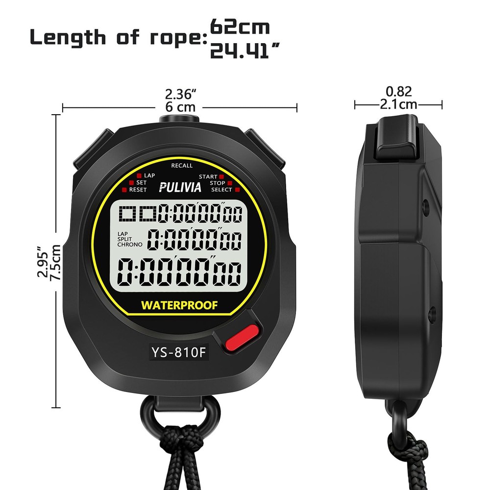 PULIVIA Waterproof Stopwatch Timer 10 Lap Split Memory Digital Stop Black