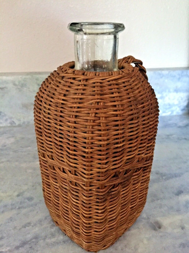 Antique Wicker Covered Square Spouted Bottle Unusual
