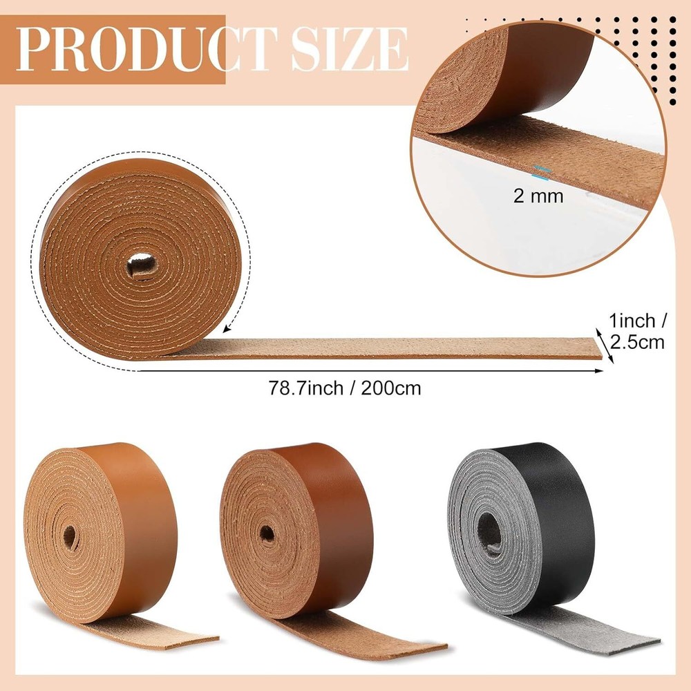3 Rolls Leather Strap Leather Belt Strips Flat Leather Straps Single Sided Fa...