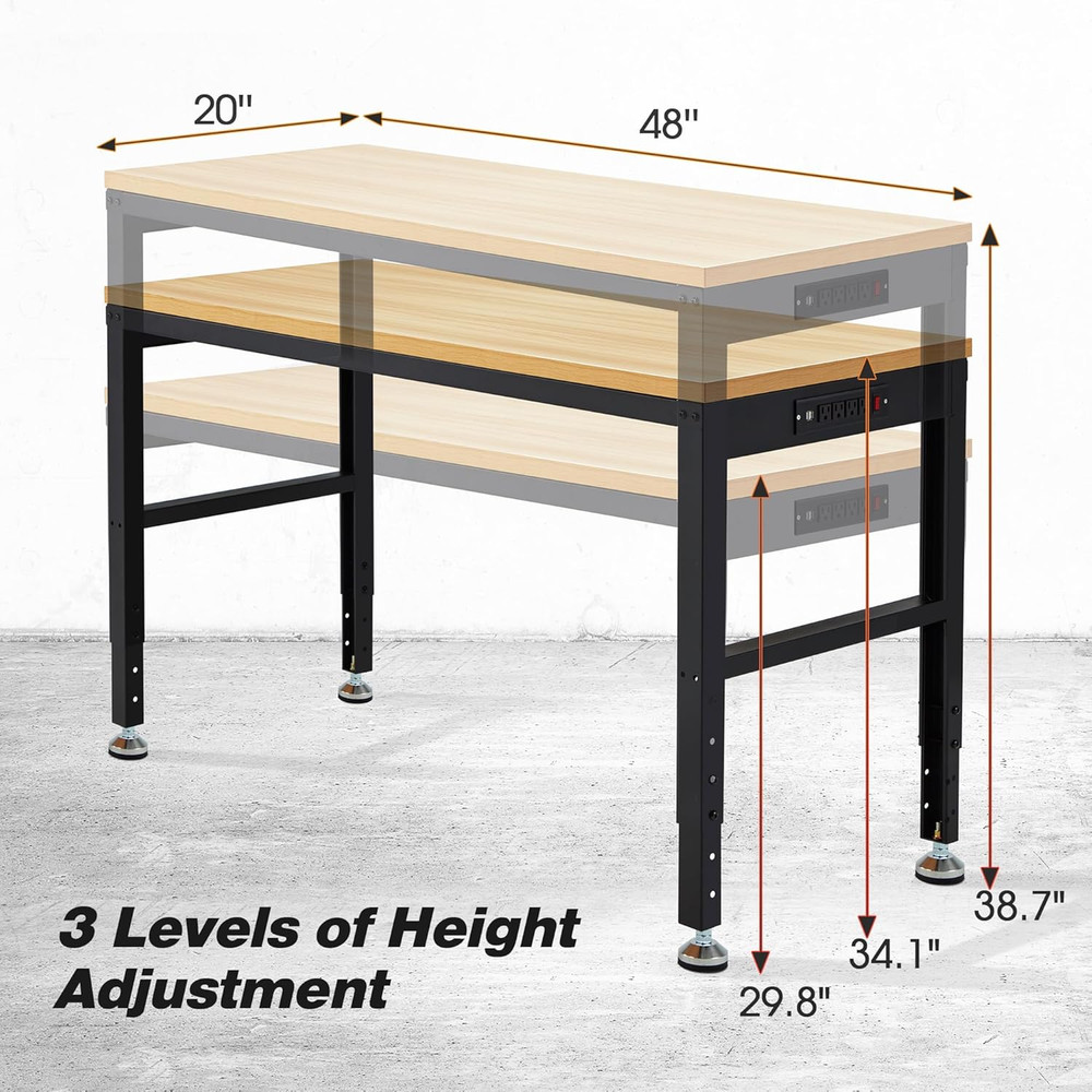 48” Adjustable Workbench，Heavy Duty Wood Work Bench 2000 Lbs Load Capacity,Work