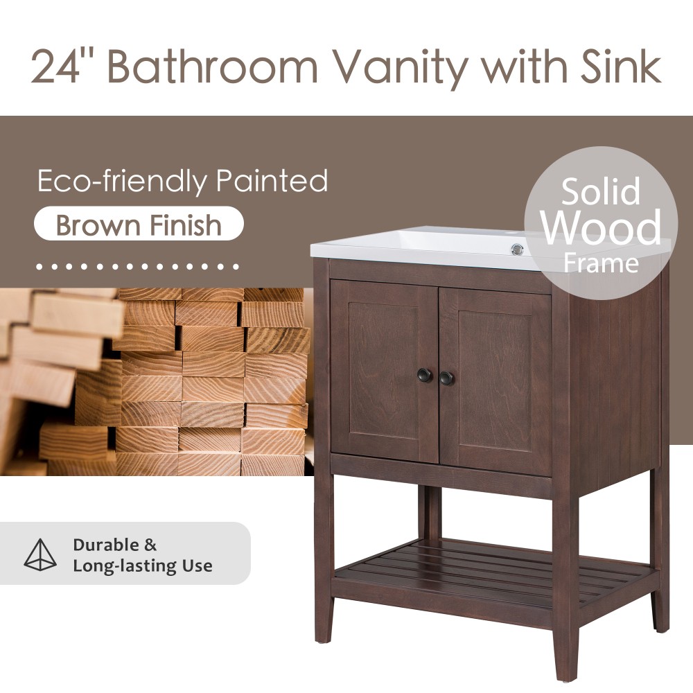 Bathroom vanity W solid wood frame Features open shelving Includes ceramic sink