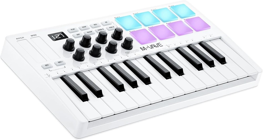 25 Key USB MIDI Keyboard Controller With 8 Backlit Drum Pads, Bluetooth Semi ...