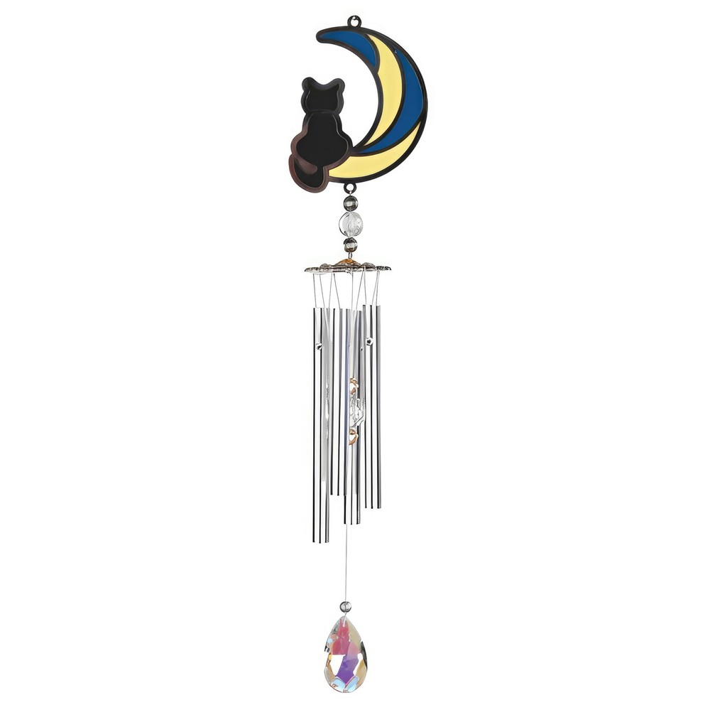 17" Long Mini Silver Cat on Moon Wind Chime