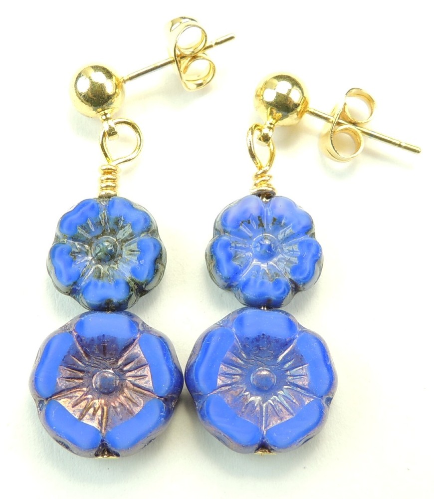 Double Blue Czech  Flowers Dangle Drop Earrings Handmade  Statement
