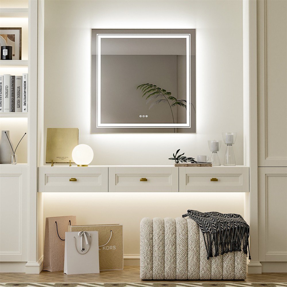 Double LED Bathroom Mirror 32x32 with Lights Defog Stepless Dimmable Wall Mirror